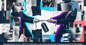 Eine Gegenüberstellung der Logos von Anthropic's Claude und OpenAI's GPT-6 mit einem fallenden Preisschild in der Mitte, das den Wettbewerb symbolisiert.